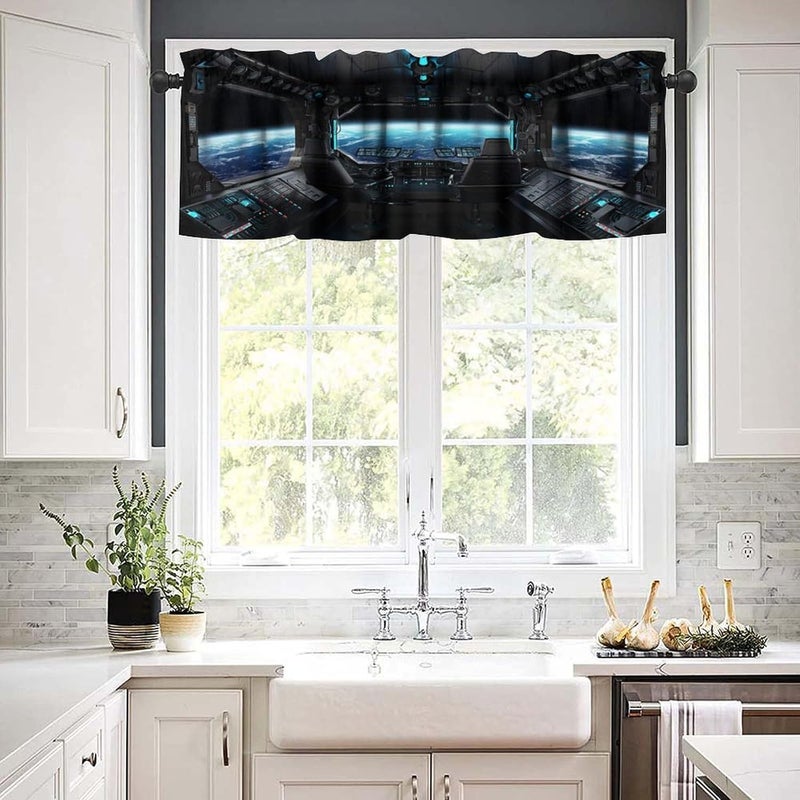 YSWOW Spaceship Valance Curtain Galaxy Futuristic Science Spacecraft Cabin Art Printed Valance for Kids Boys Bedroom Nursery Decor W54xL18in Fabric 1 Panel - Image 4